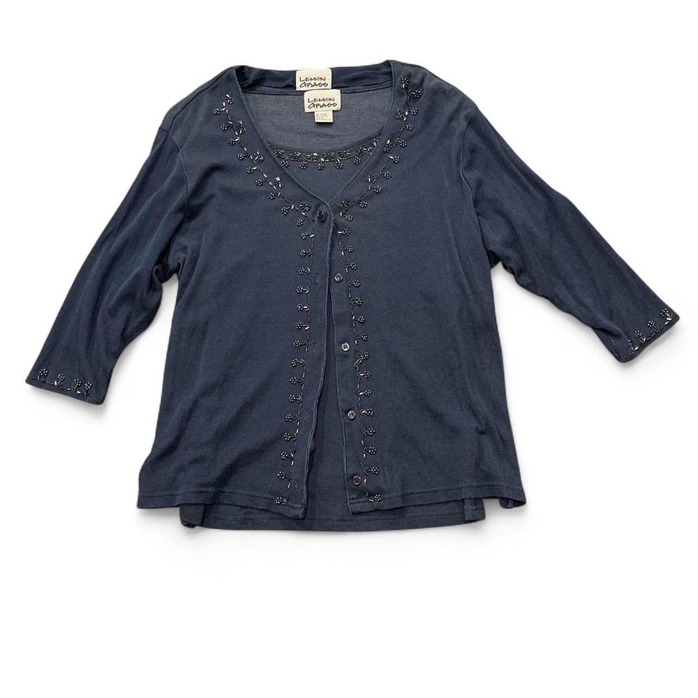 Lemon Grass Navy Blue Beaded Cardigan Twin Set Shell 2 Piece Knit Top Womens L